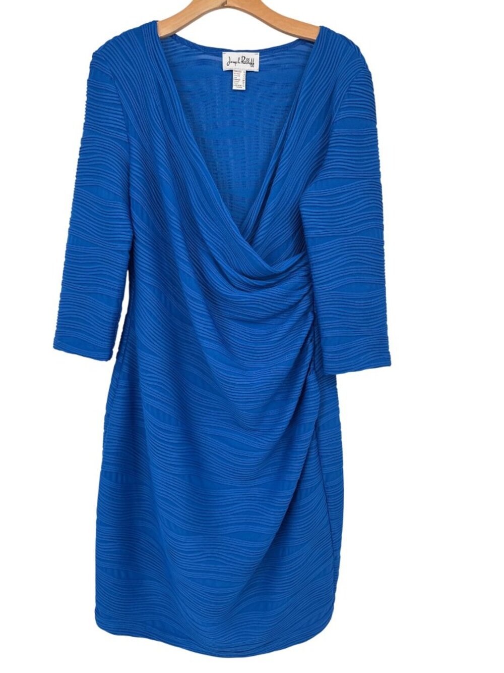 Joseph Ribkoff Royal Blue Textured 3/4 Sleeve faux wrap Dress Size 14 Canada